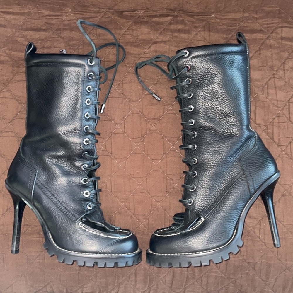 TORY BURCH✨🔥 Black Trigg Lace Up Pebbled Leather 4" Stiletto Boot